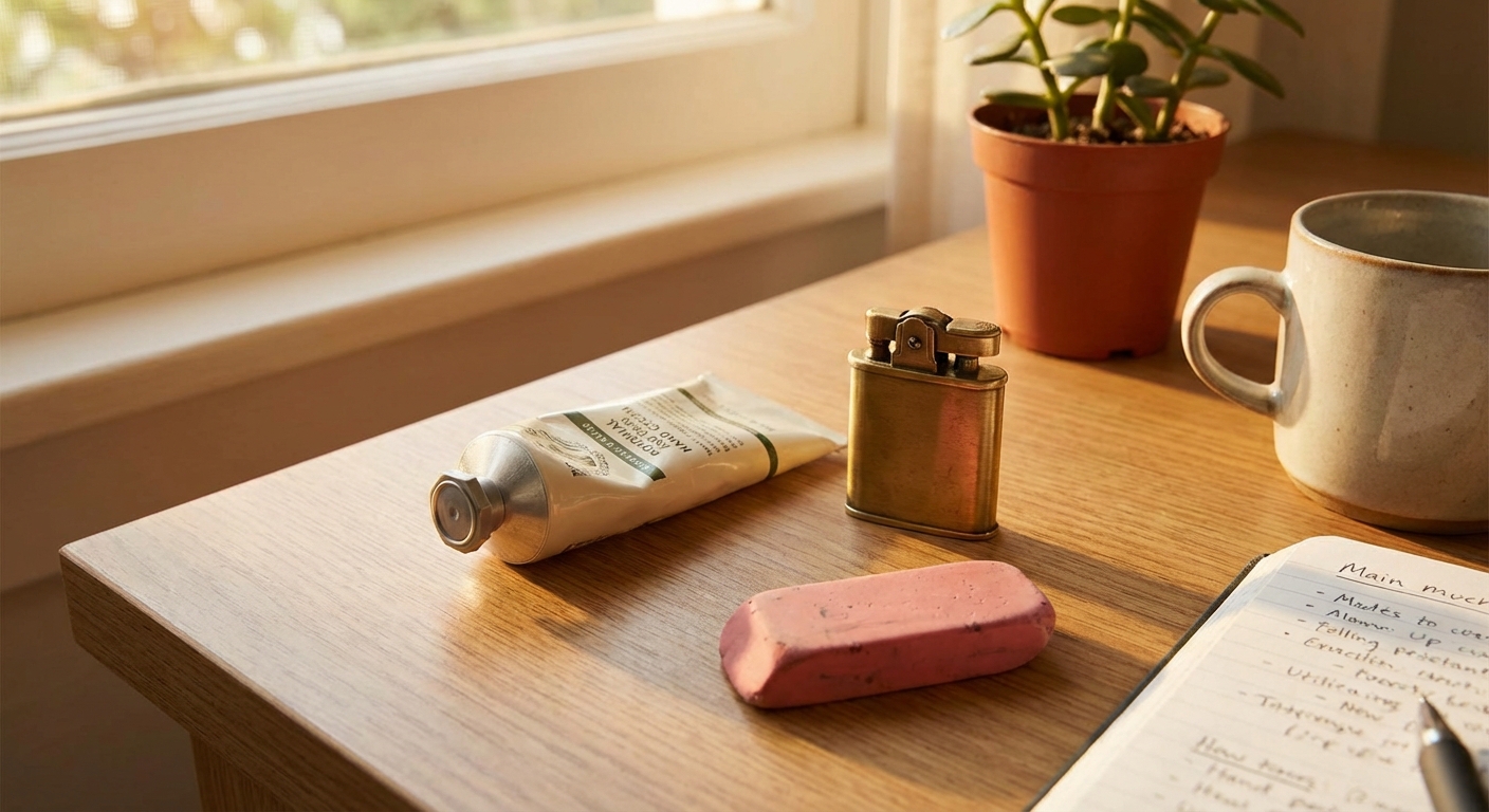 핸드크림, 라이터, 지우개가 놓인 책상 위