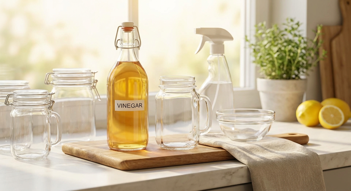 식초병과 깨끗하게 씻긴 투명 용기