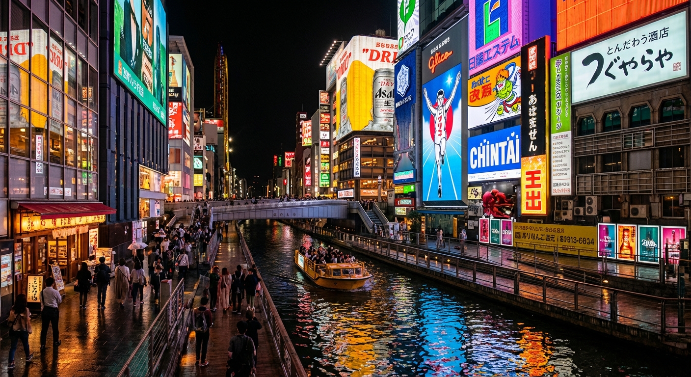 오사카 도톤보리 밤 풍경과 네온사인