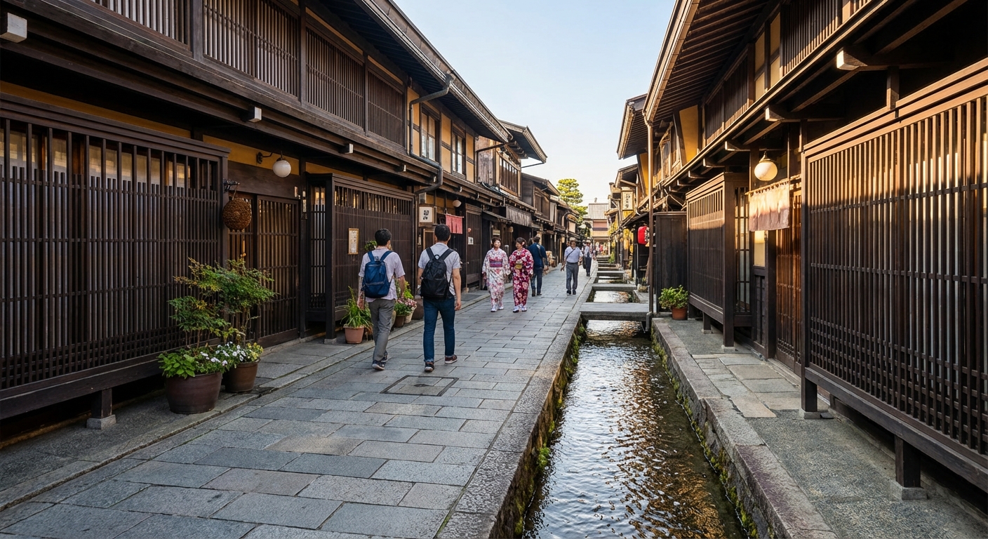 다카야마 산마치 거리의 전통 목조 건물과 수로