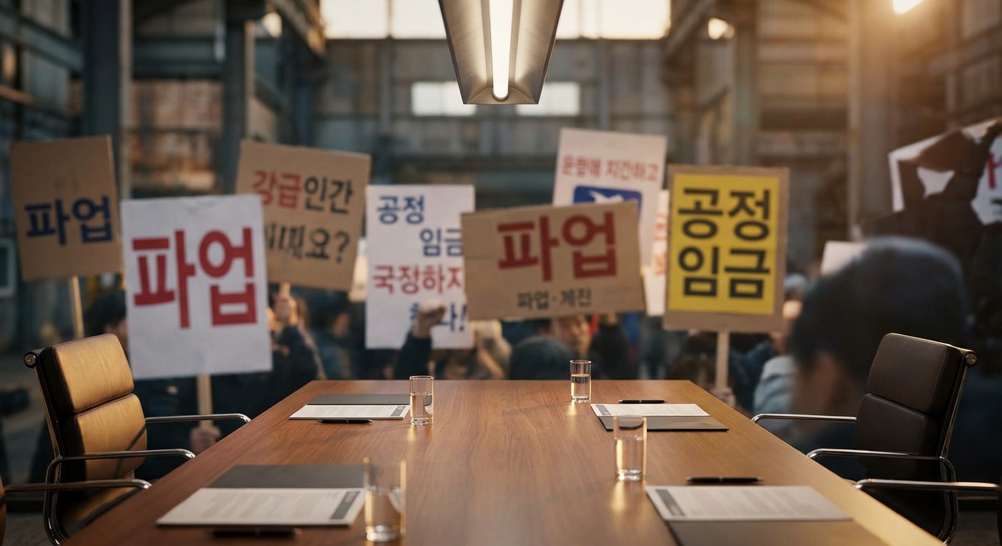 파업 현장의 피켓과 협상 테이블 모습