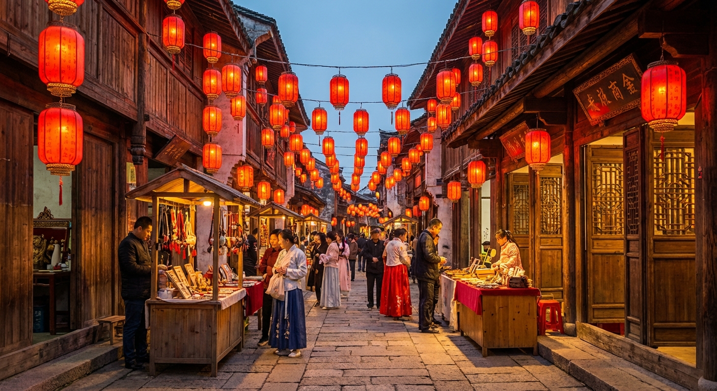 중국 전통 붉은 등롱이 걸린 거리