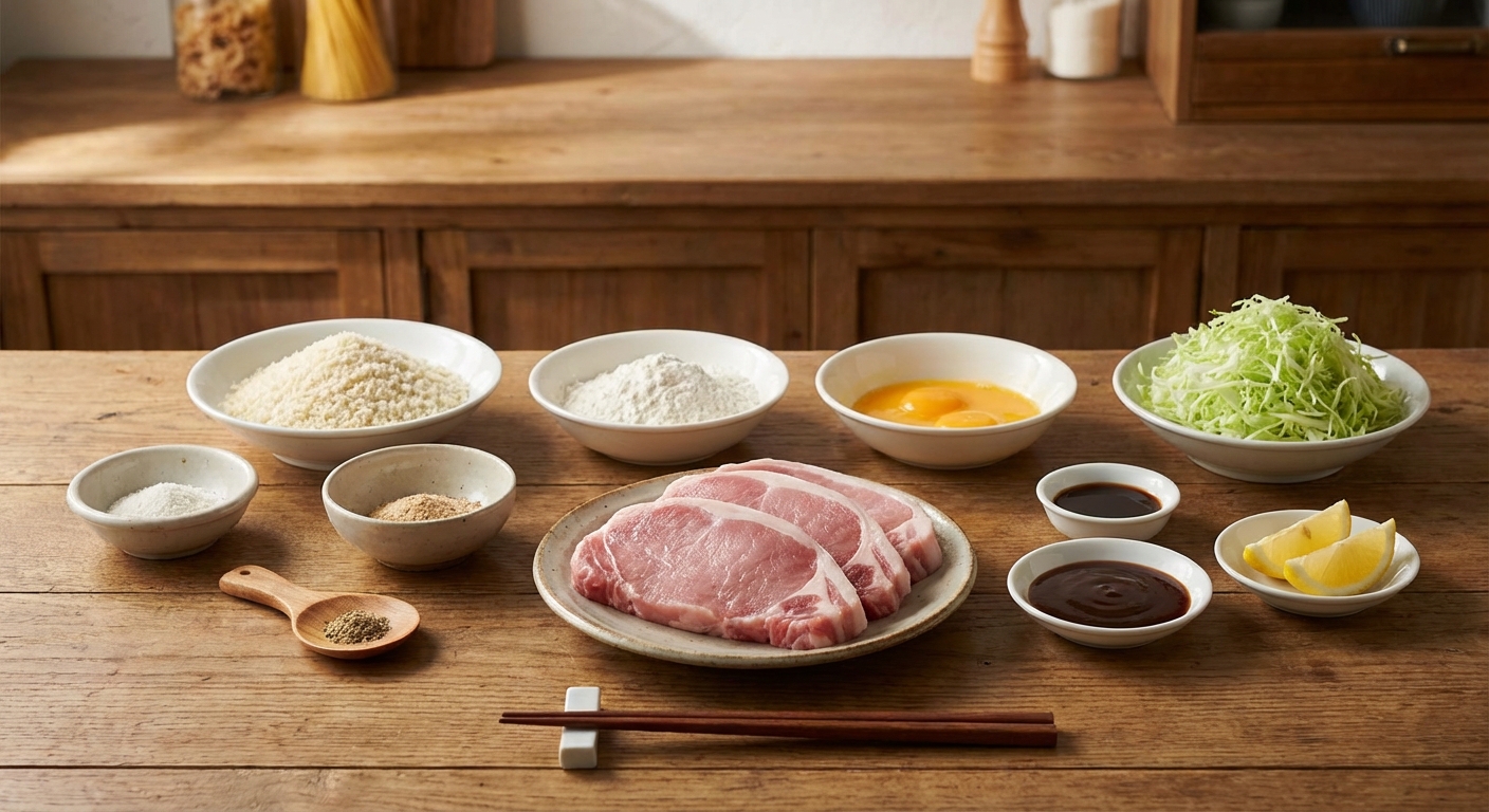 돈까스 재료들이 정돈되어 있는 조리대 모습
