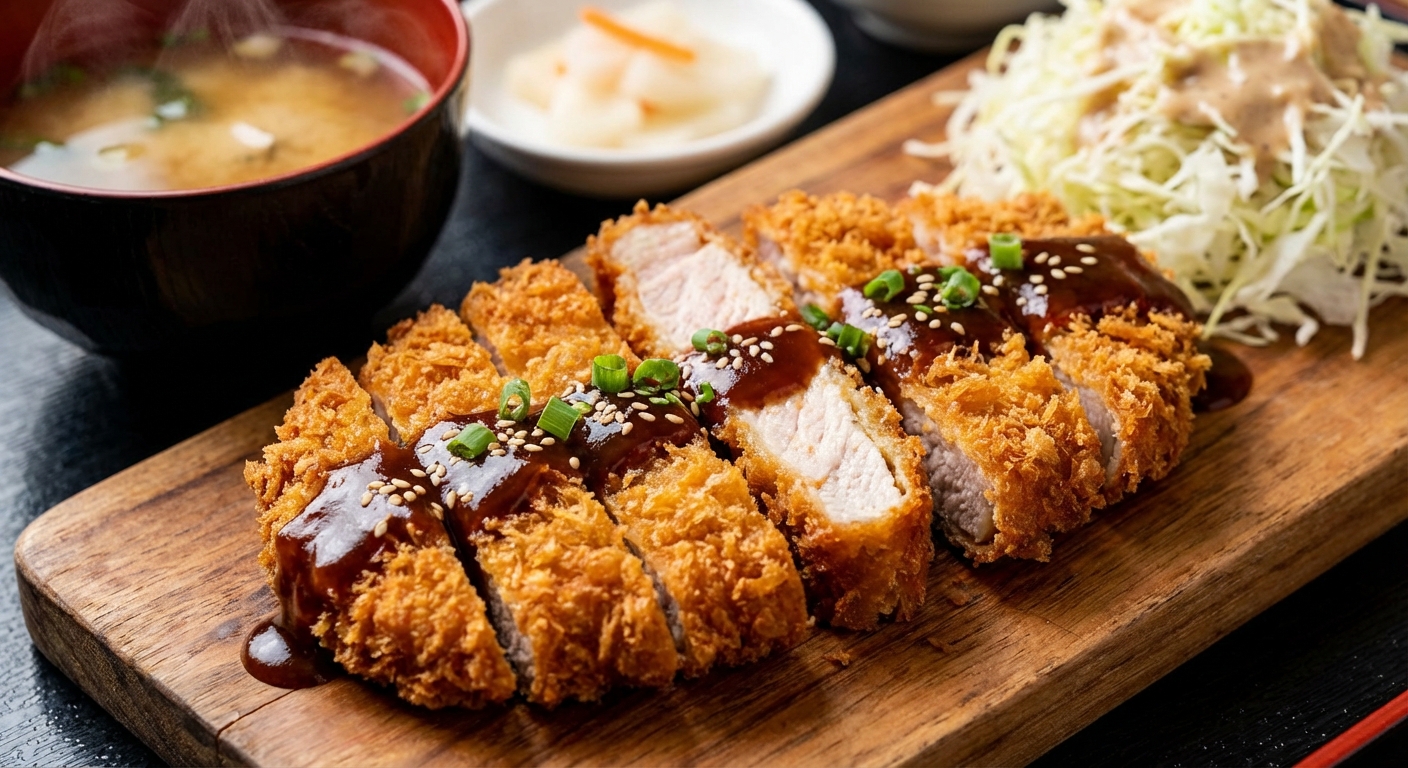 완성된 돈까스를 먹기 좋게 썰어놓은 모습