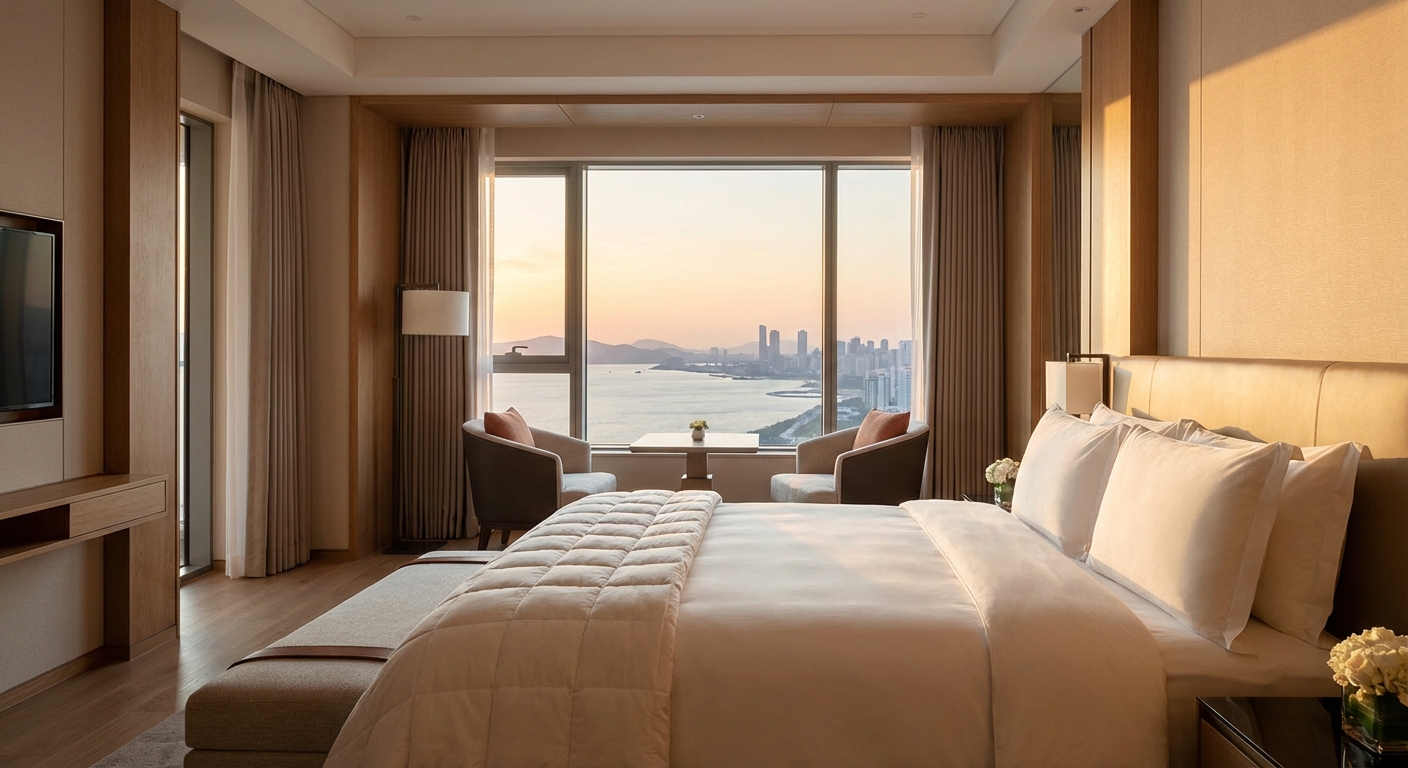 호텔 스위트룸 전경과 침대, 창밖 풍경