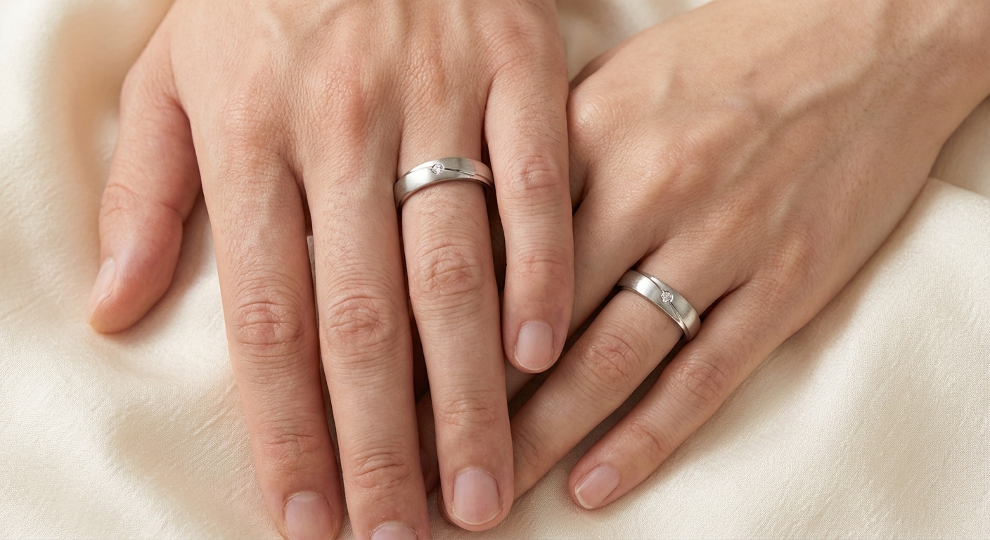 약지에 착용된 세련된 커플링 디테일 컷