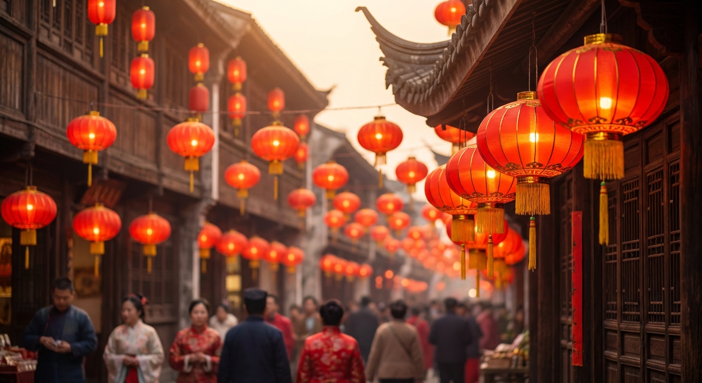 춘절 붉은 등 장식