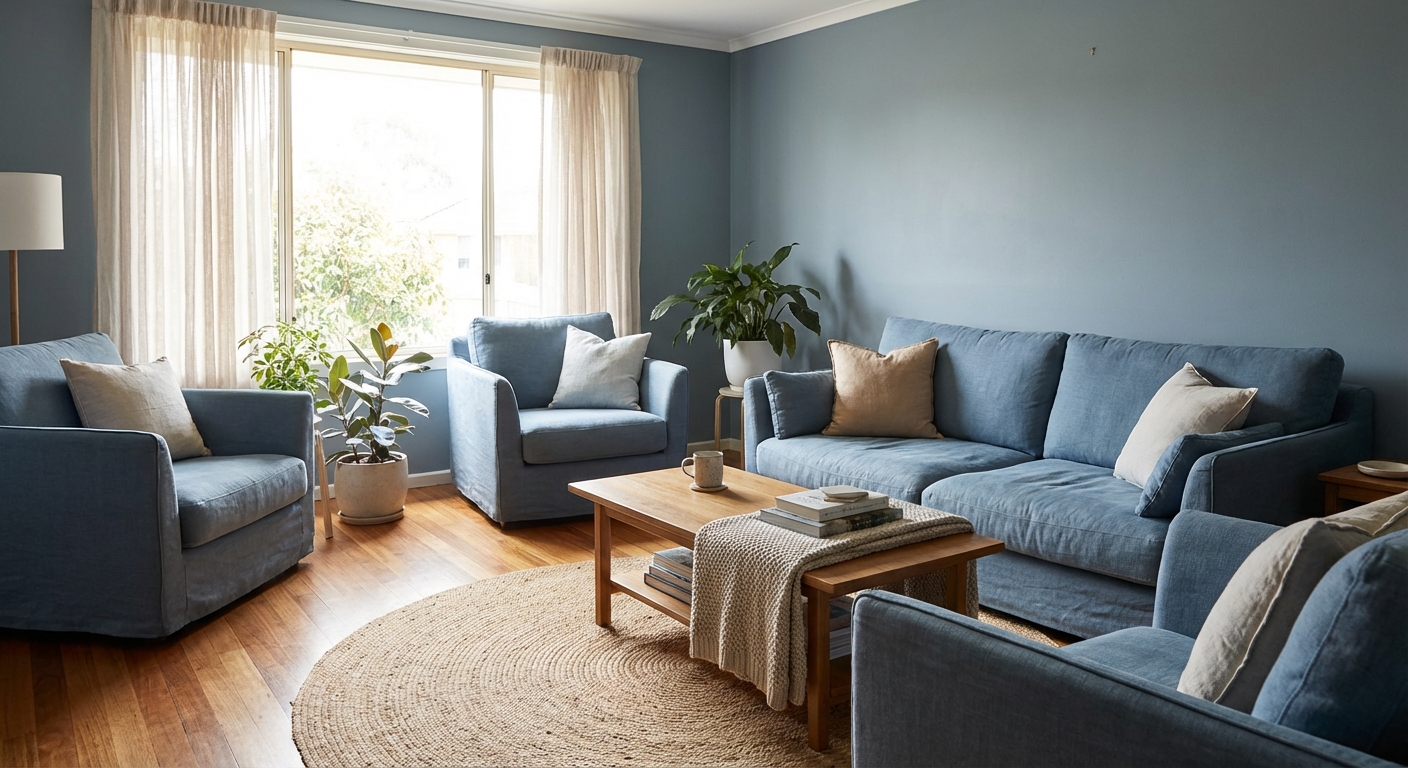 차분한 파란색 톤의 생활 공간