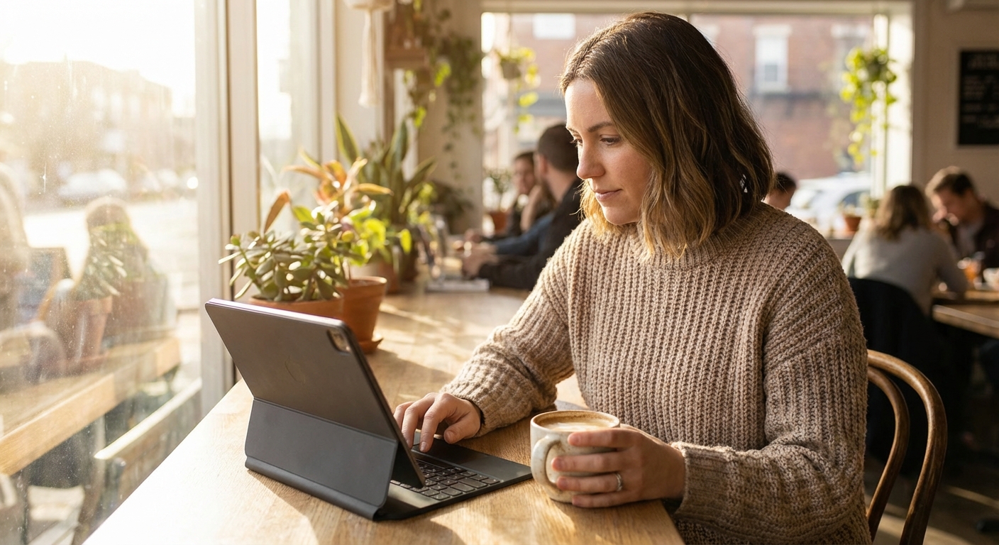 카페에서 아이패드로 작업하는 모습