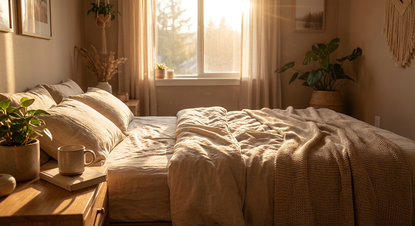 햇살 가득한 아침 침실 풍경