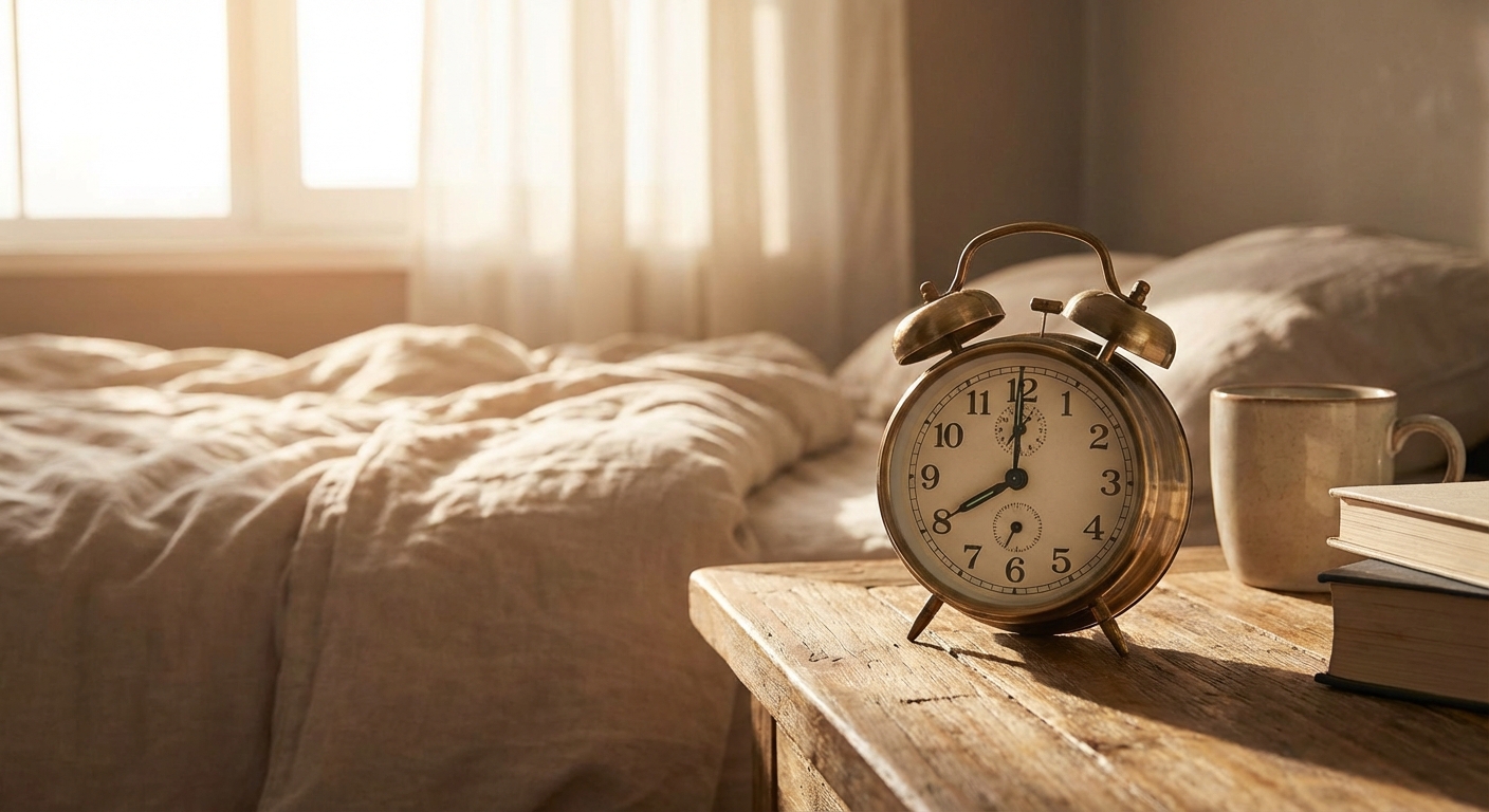 침대 맡 테이블의 알람 시계