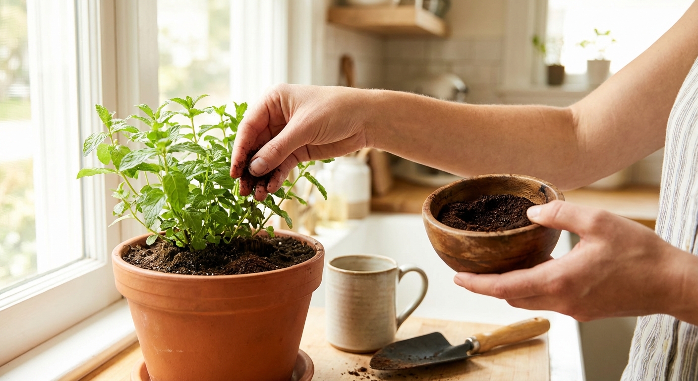화분에 커피 찌꺼기를 뿌리는 모습