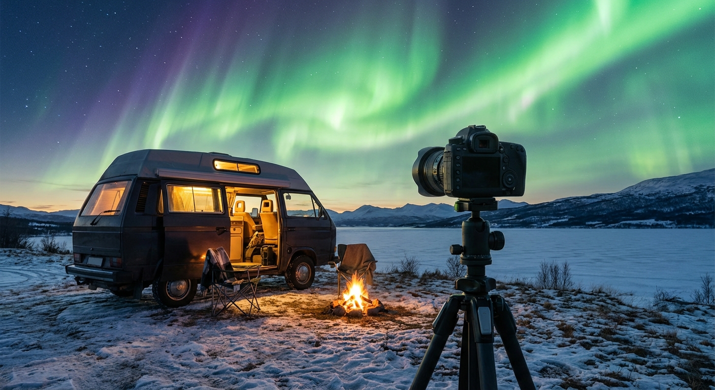 오로라 관측을 위한 캠핑카와 삼각대에 설치된 카메라