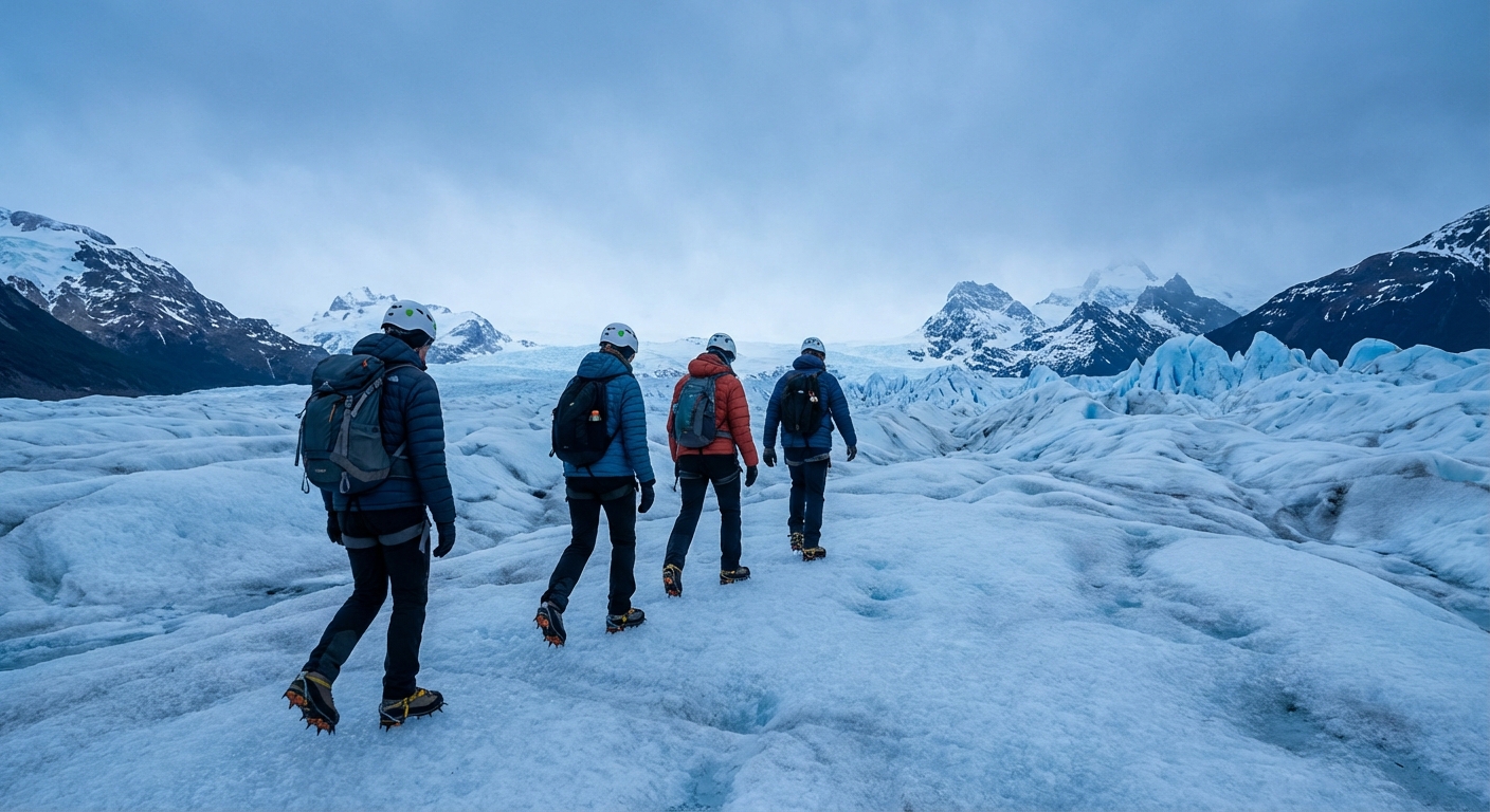 빙하 위에서 아이젠을 착용하고 하이킹하는 사람들