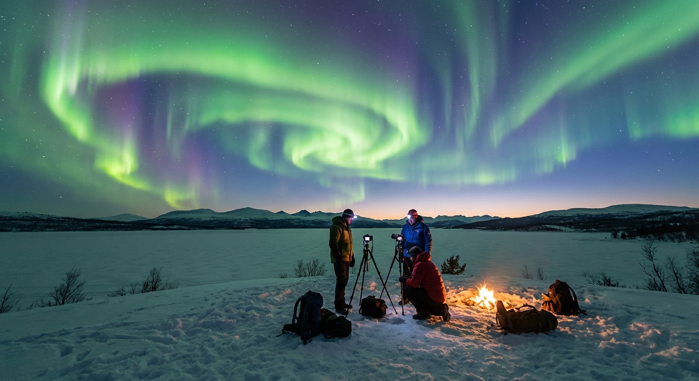오로라 아래서 카메라를 세팅하는 사람들