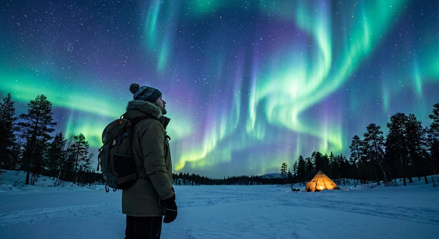 방한 장비를 착용한 여행자와 오로라