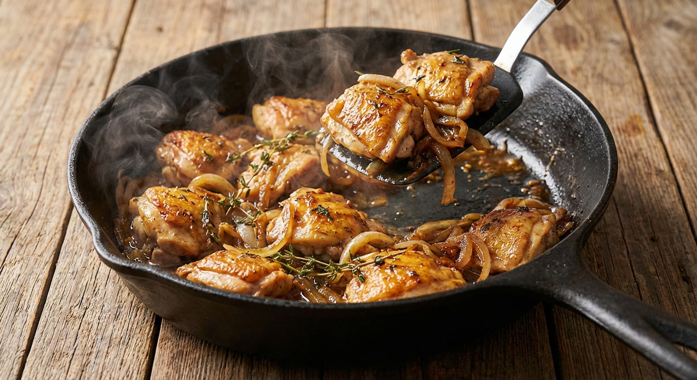 팬에서 양파와 치킨이 볶아지는 모습