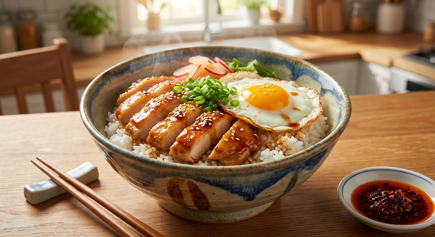 완성된 치킨덮밥이 예쁜 그릇에 담긴 모습