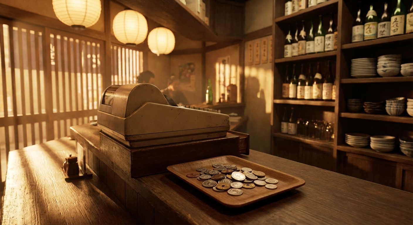 일본 이자카야 계산대 풍경과 동전