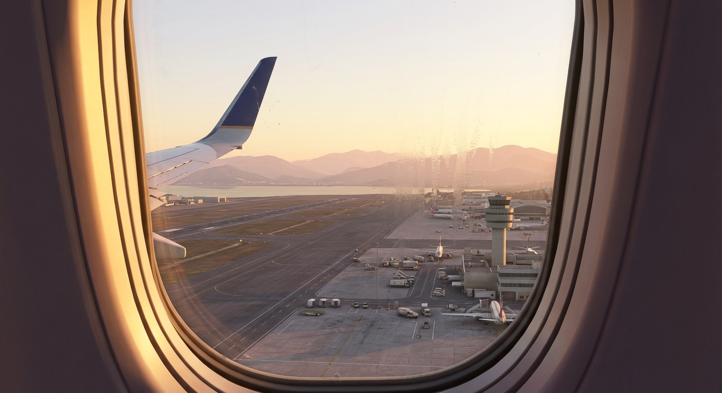 비행기 창문을 통해 보이는 활주로와 지상 시설