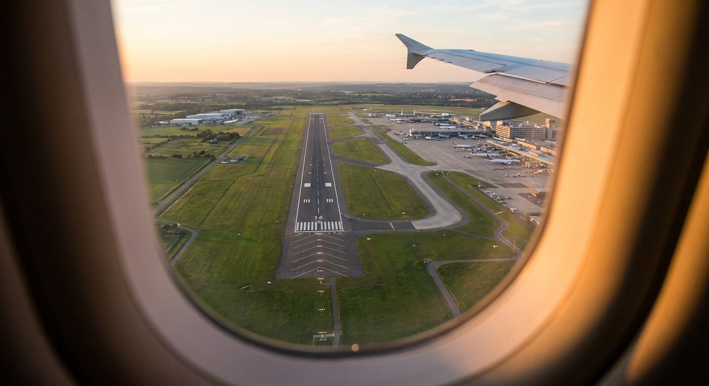 착륙 직전 비행기 창문으로 보이는 공항 활주로
