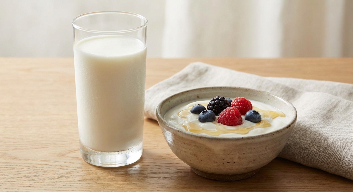 차가운 우유 한 컵과 요거트가 담긴 그릇