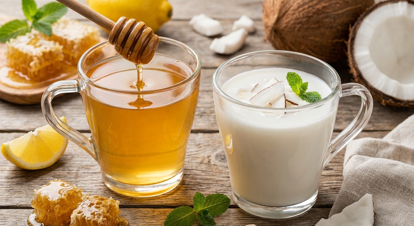꿀물과 코코넛 밀크가 담긴 유리컵