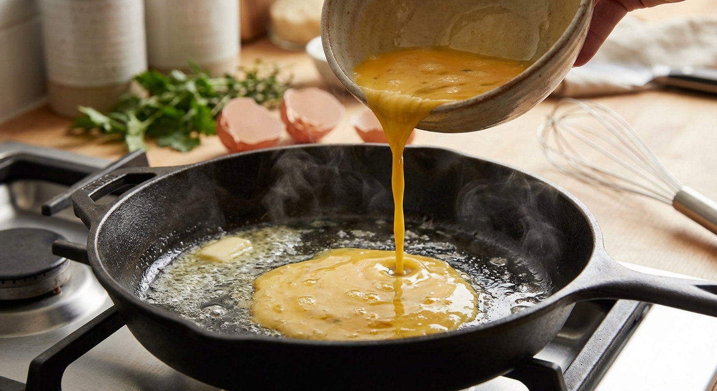 계란물을 프라이팬에 붓고 있는 장면