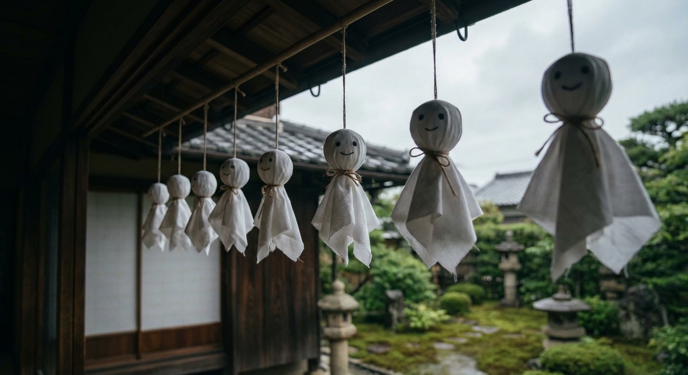 일본 전통 가옥의 처마에 여러 개의 테루테루보즈가 줄지어 걸린 모습