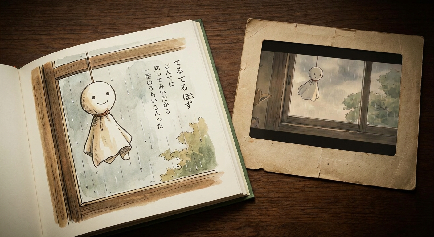 테루테루보즈를 주제로 한 일본 동화책과 애니메이션 장면