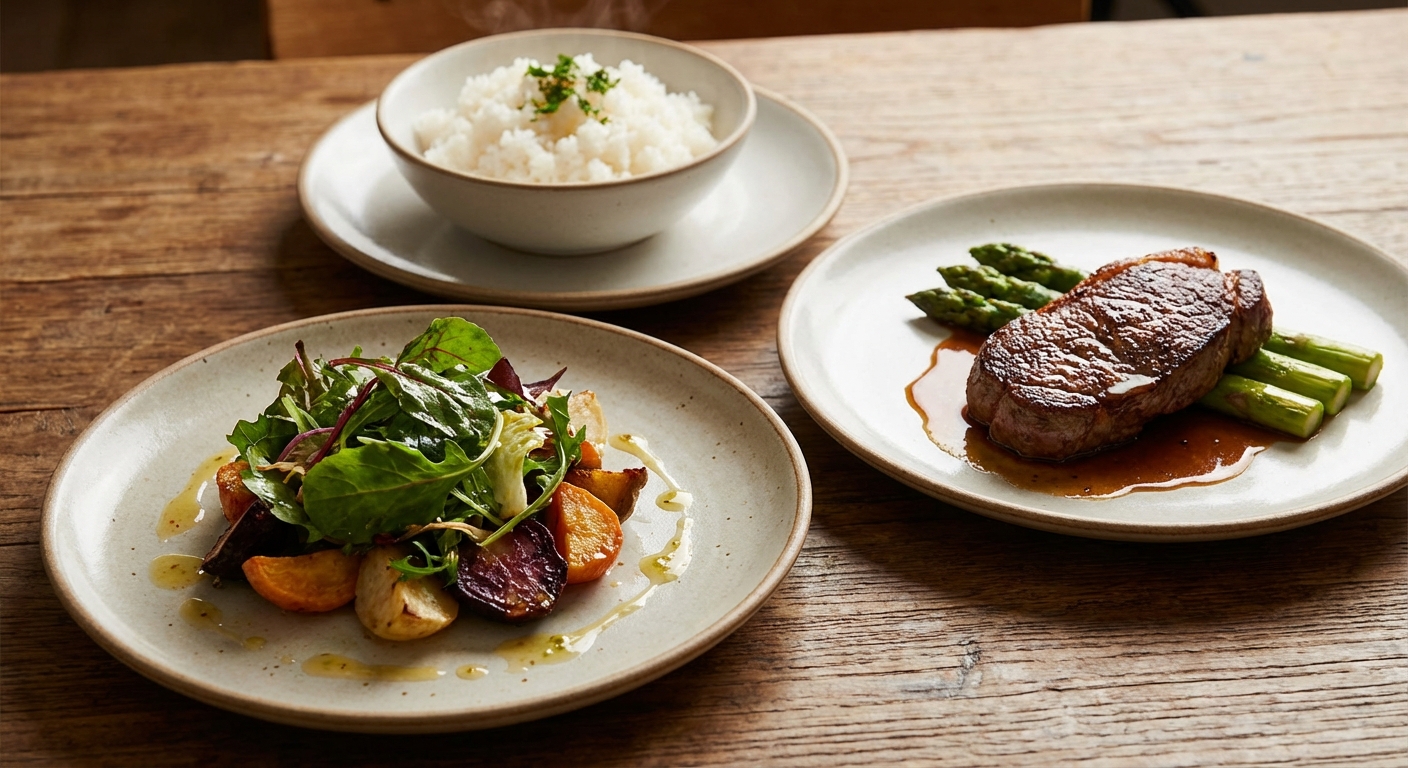 채소, 고기, 밥이 순서대로 배치된 코스 요리