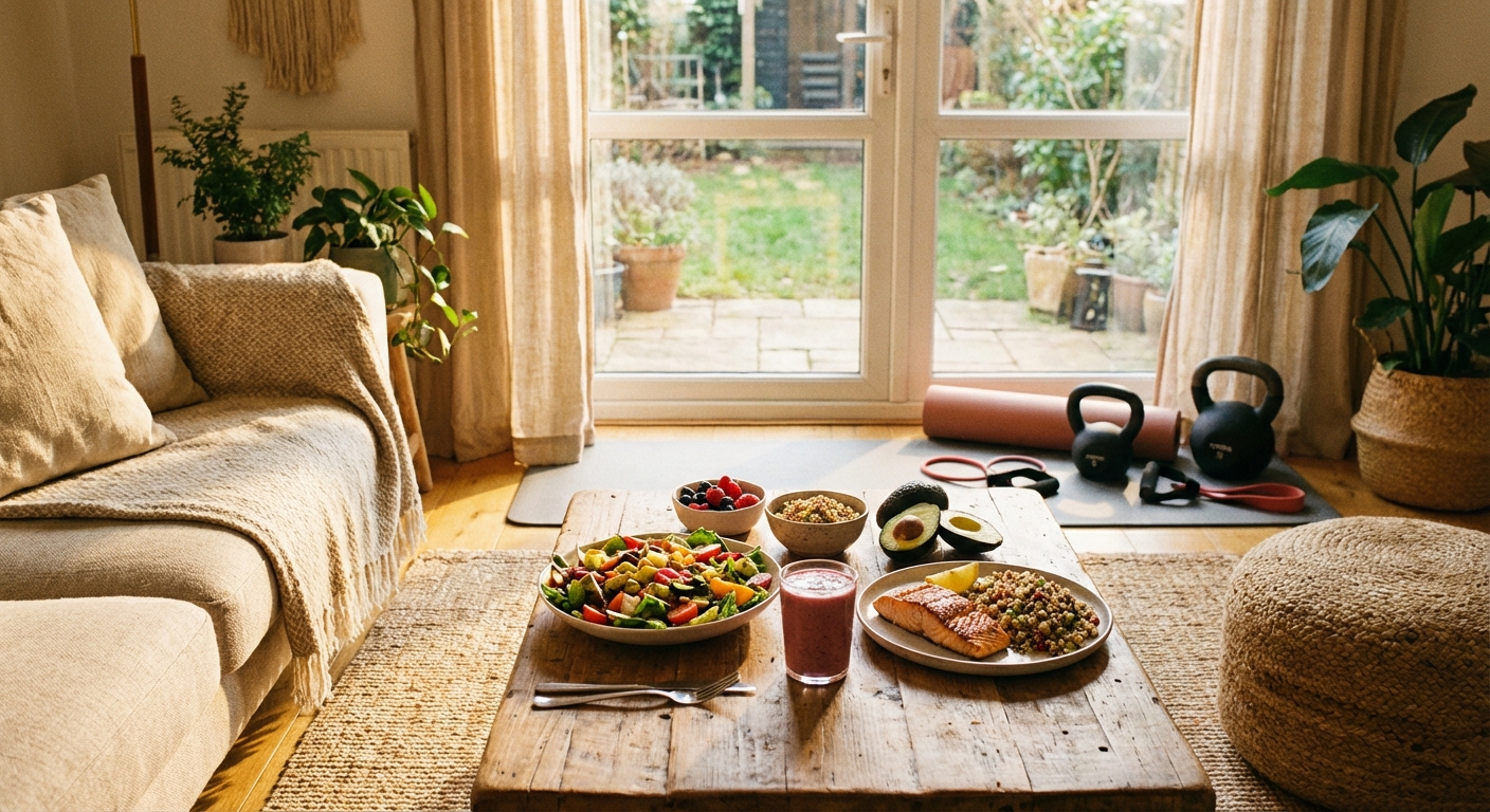건강한 식단과 운동기구가 놓인 생활 공간