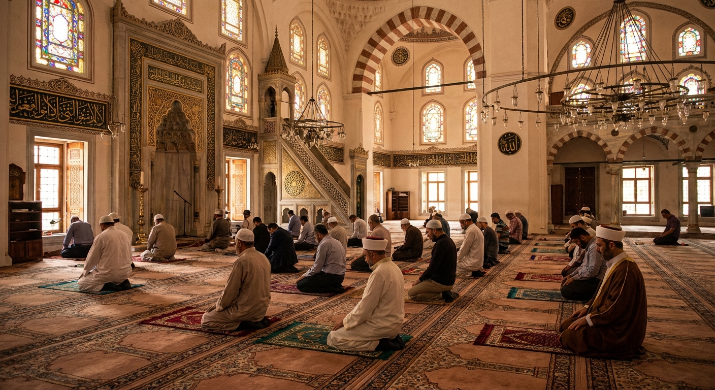 모스크 내부와 예배하는 사람들