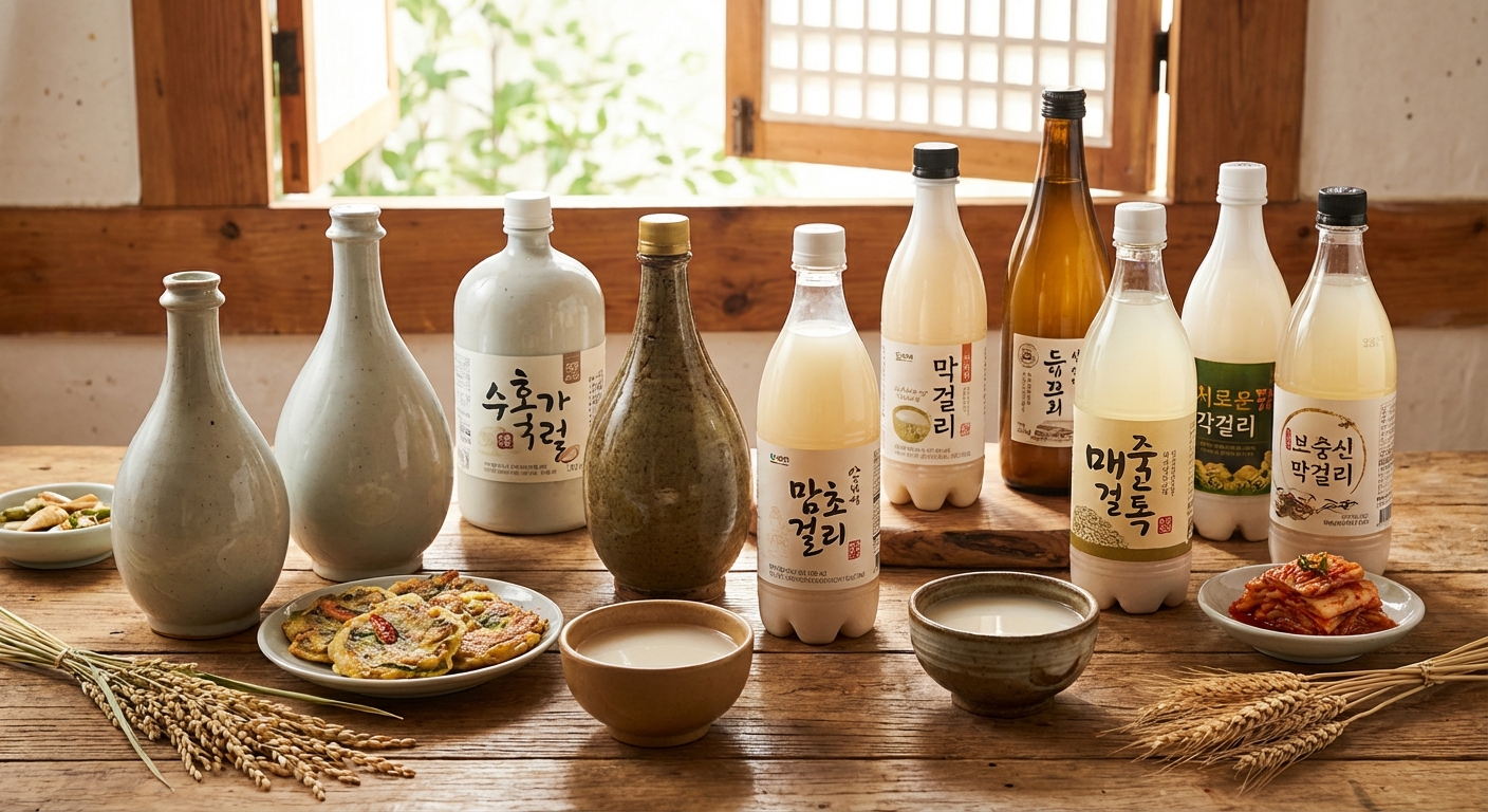 다양한 종류의 막걸리 병