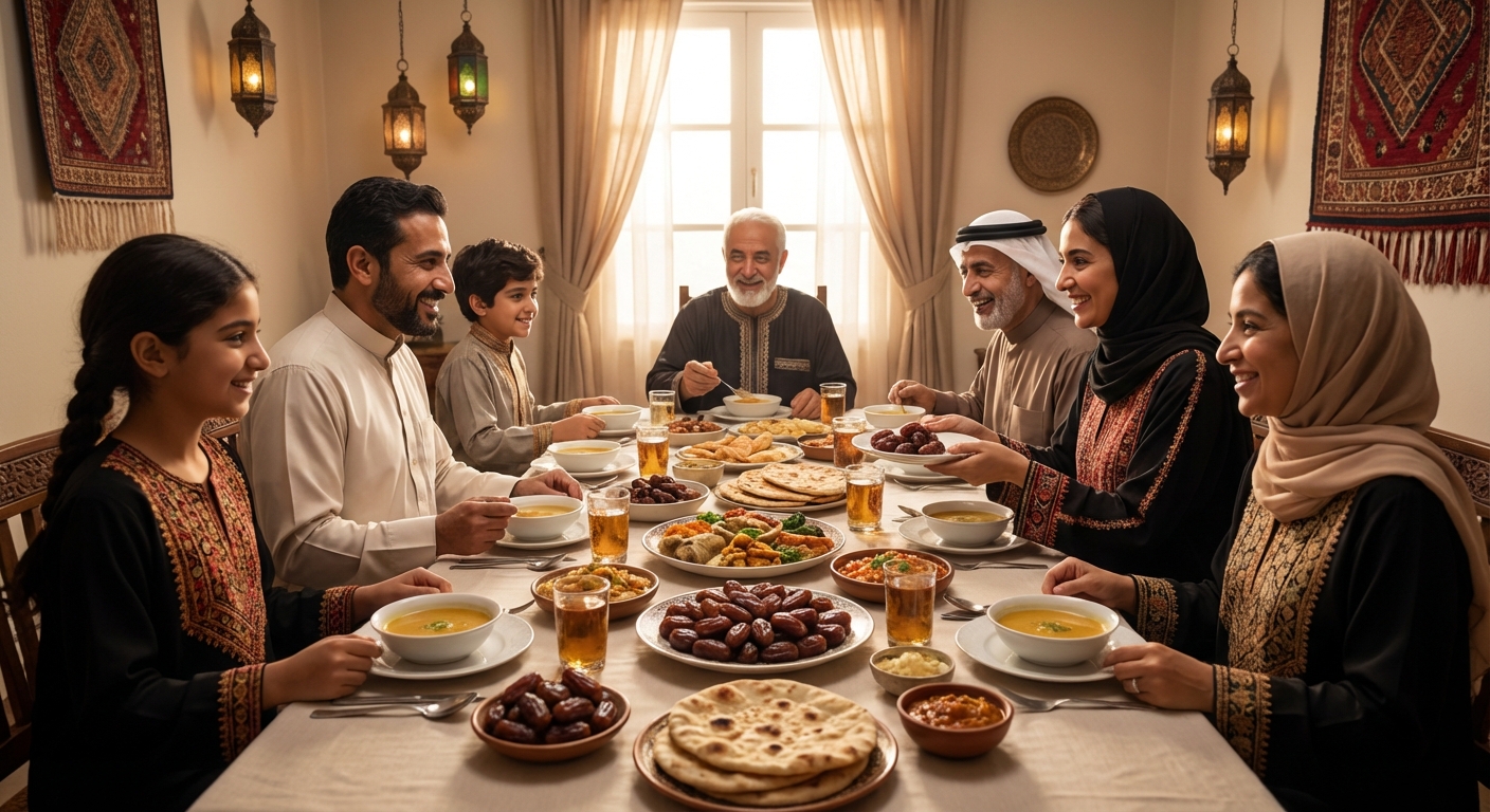 라마단 금식을 마치고 이프타르 식사를 하는 가족