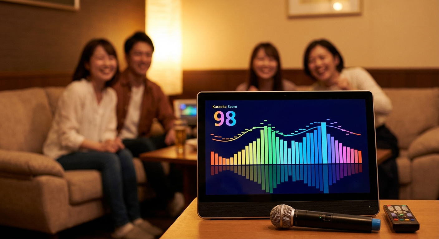 노래방 점수 화면과 음정 바 그래프