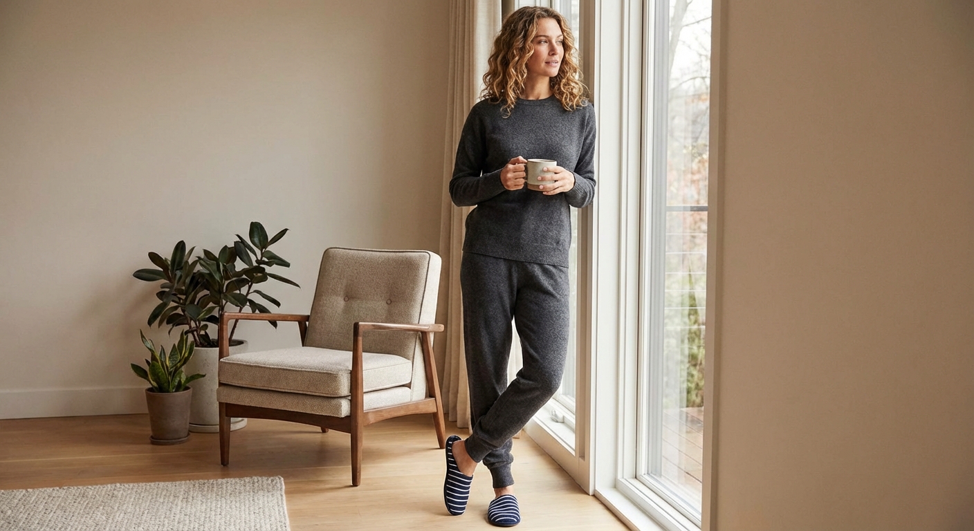 홈웨어와 세일러 슬리퍼를 코디한 전신 사진