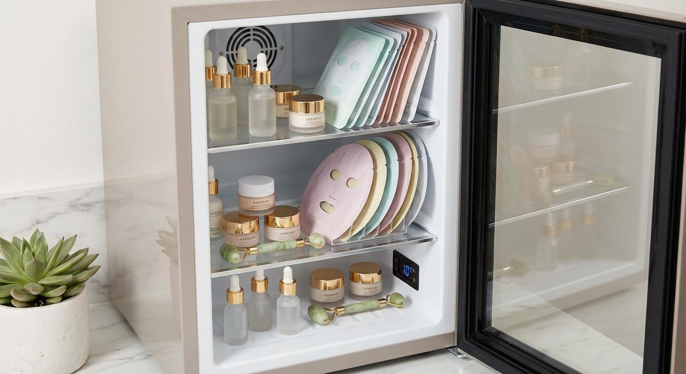 깔끔하게 정리된 미니 화장품 냉장고 내부
