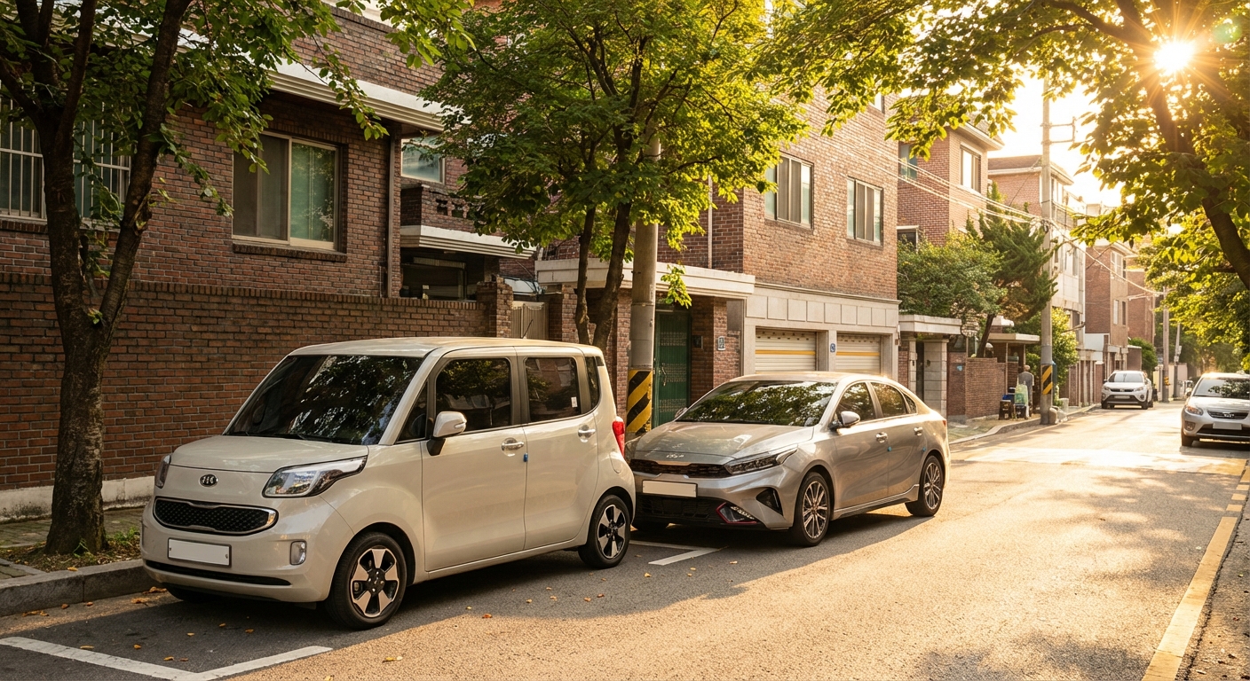 주차된 경차와 준중형 세단