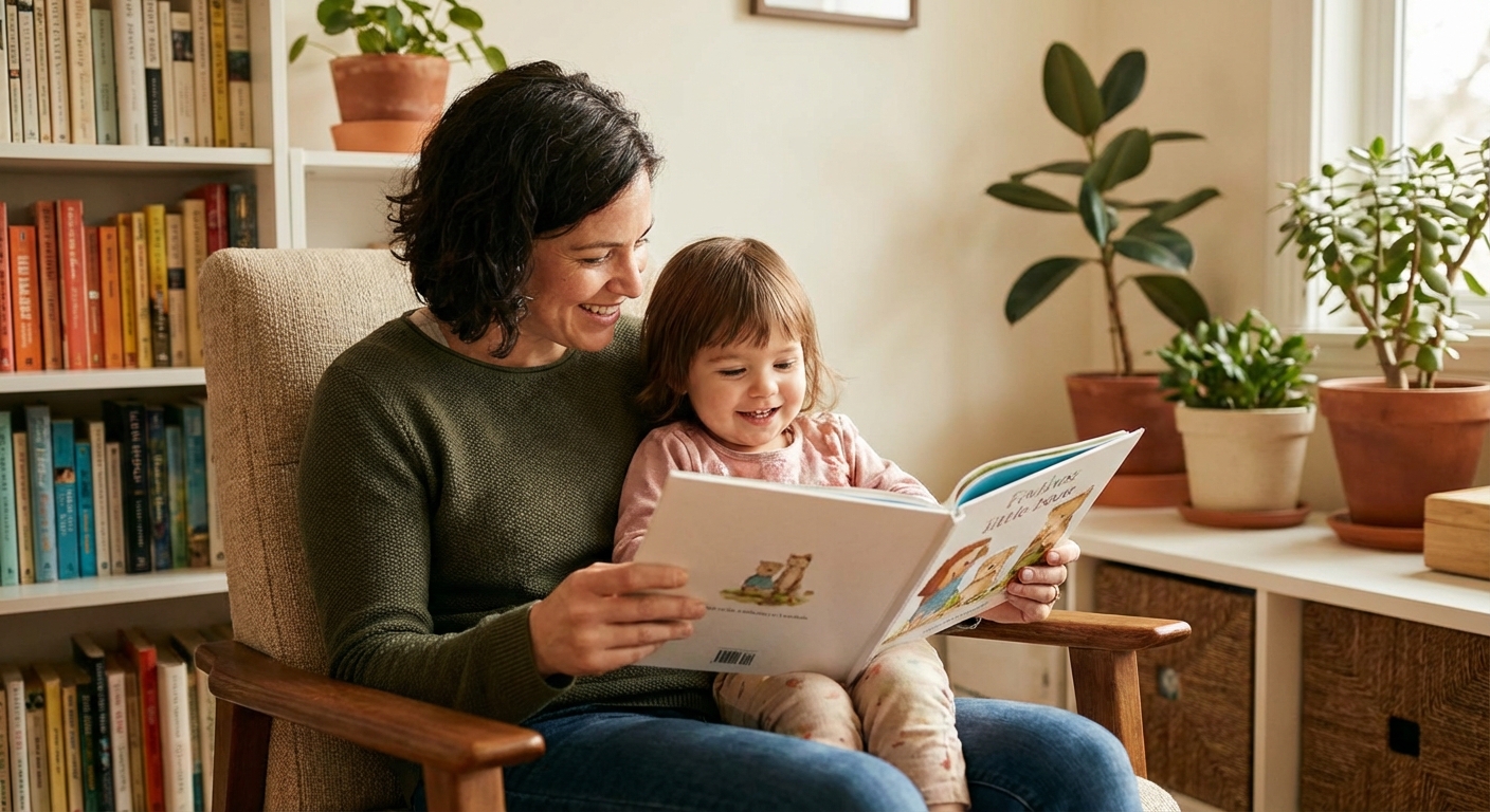 부모와 아이가 함께 책을 읽는 따뜻한 장면
