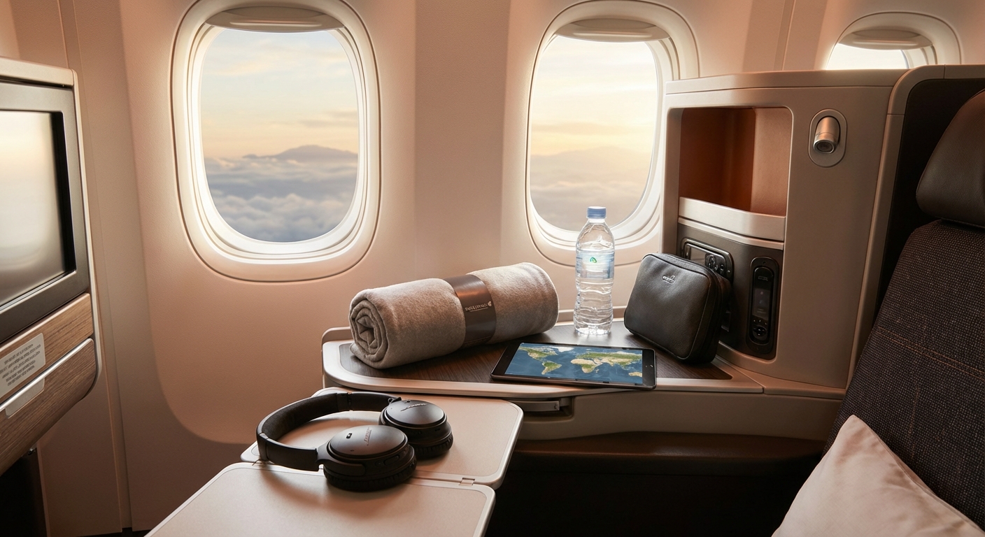 기내 필수 아이템들이 놓인 좌석 풍경