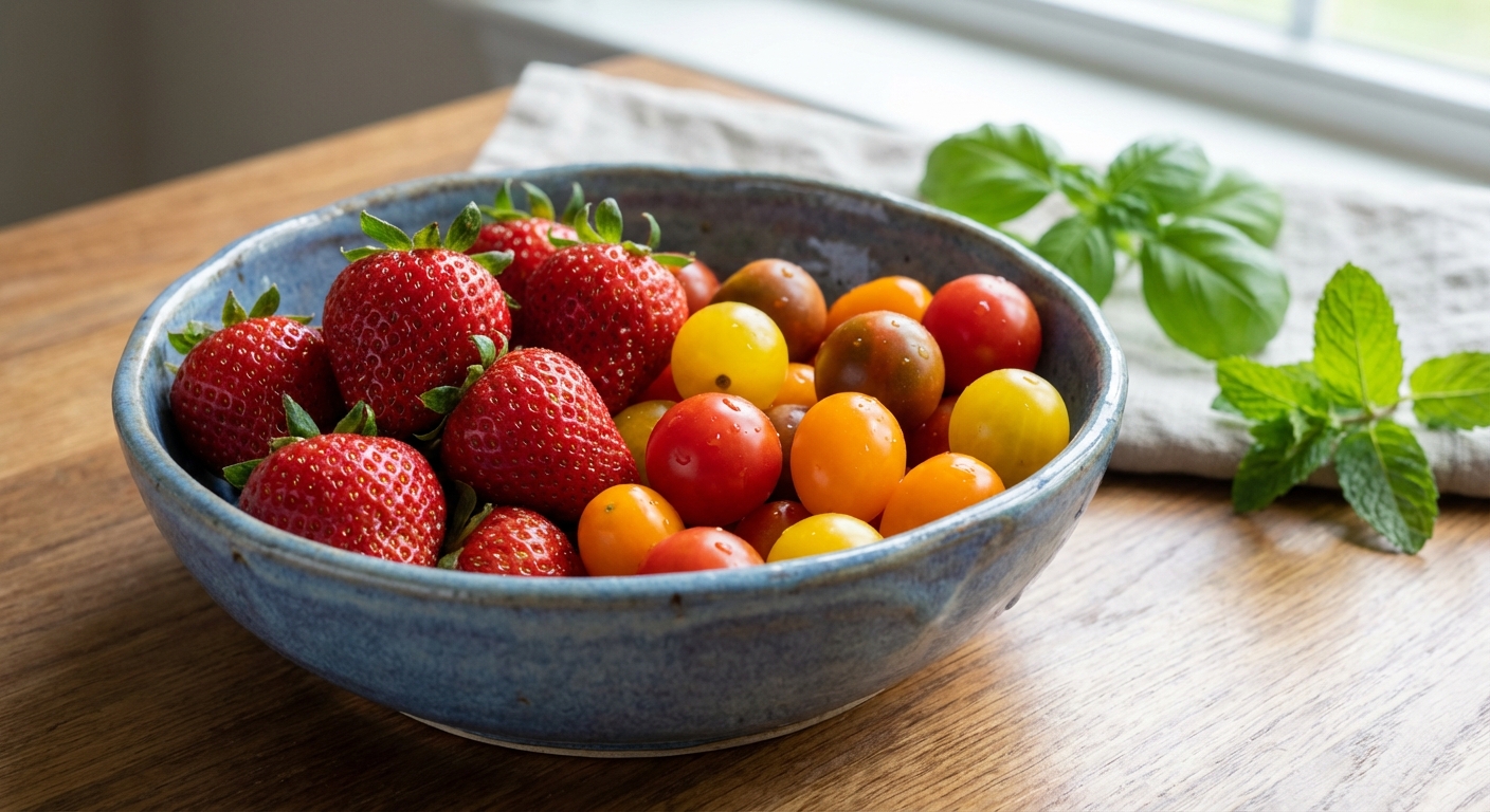 딸기와 방울토마토가 담긴 예쁜 그릇
