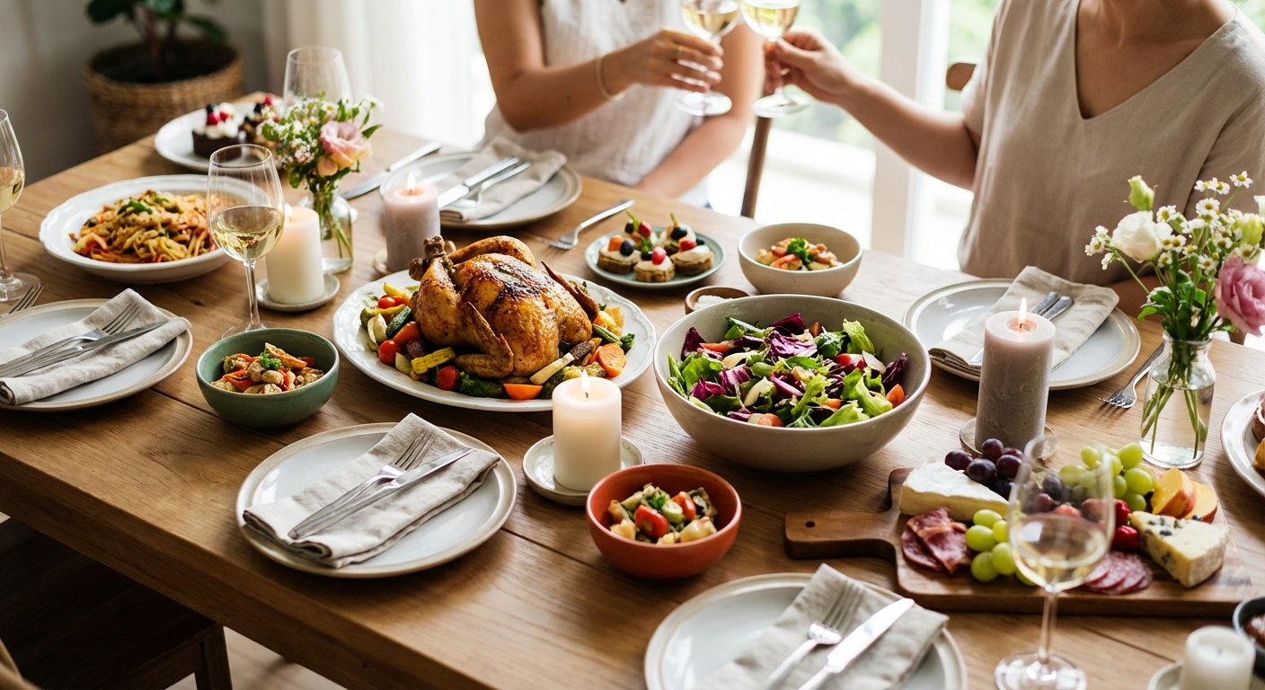 홈파티 테이블 세팅과 다양한 요리들