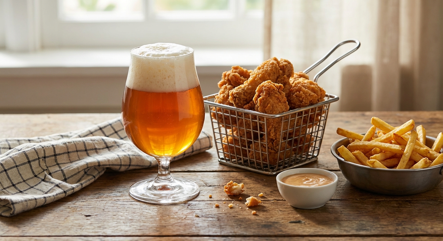 무알콜 맥주 한 잔과 치킨, 감자튀김이 놓인 테이블