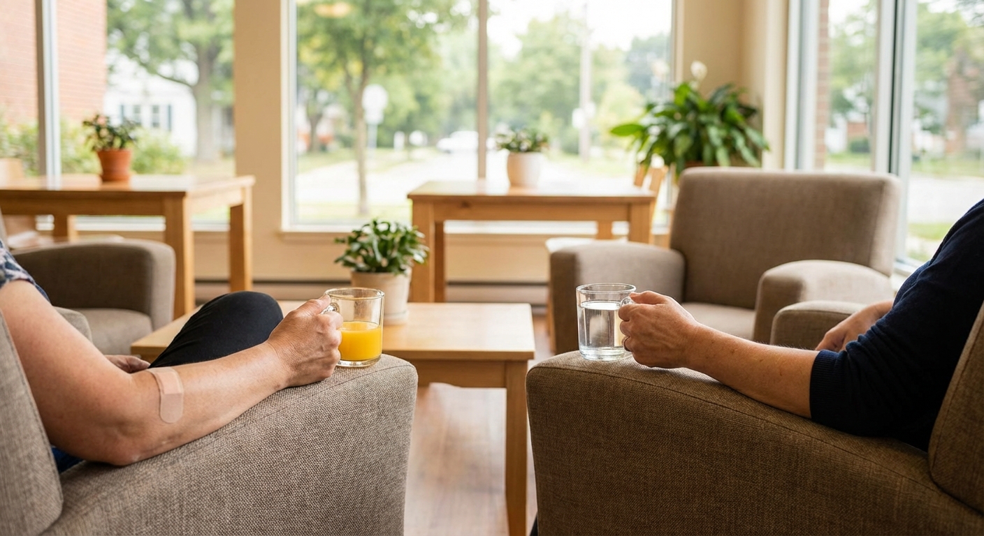헌혈 후 휴식 공간 또는 음료 섭취 장면