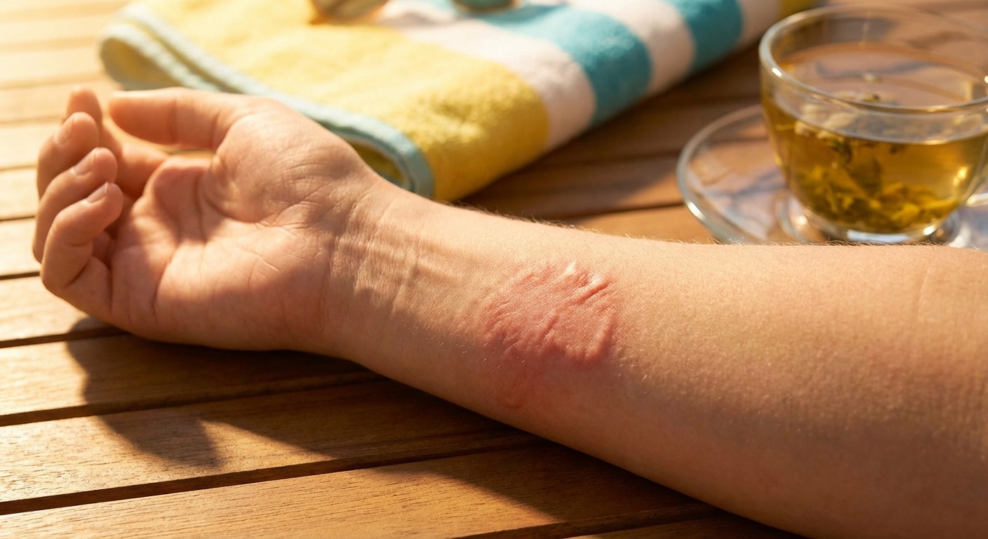 해파리에 쏘인 팔 부위의 붉은 자국