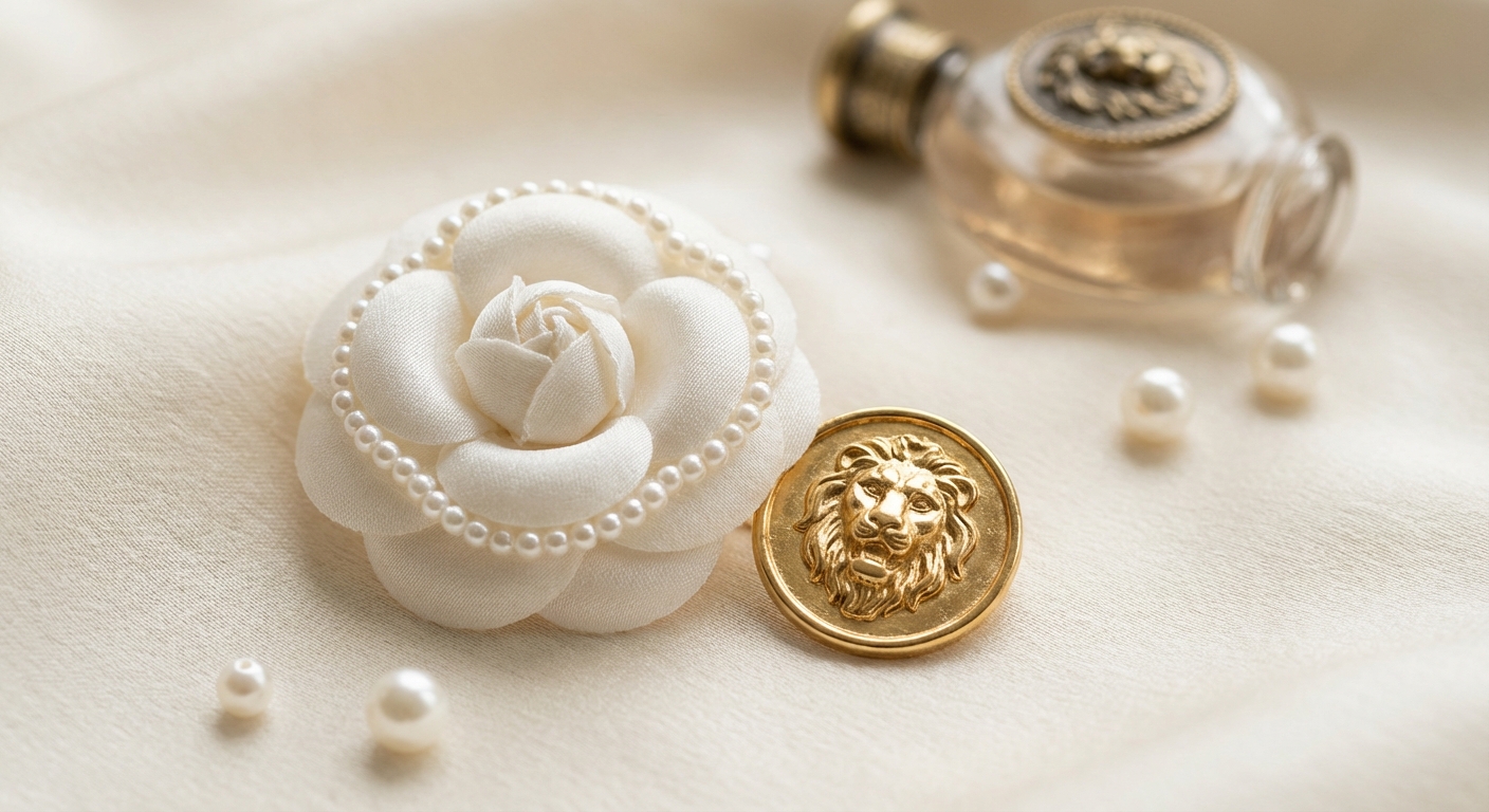 샤넬 카멜리아 브로치와 사자 로고