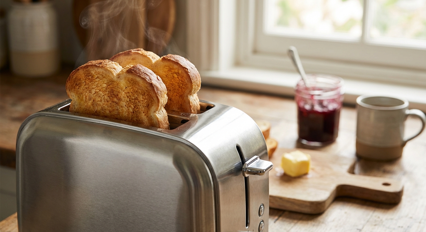 식빵을 토스터에 굽는 장면