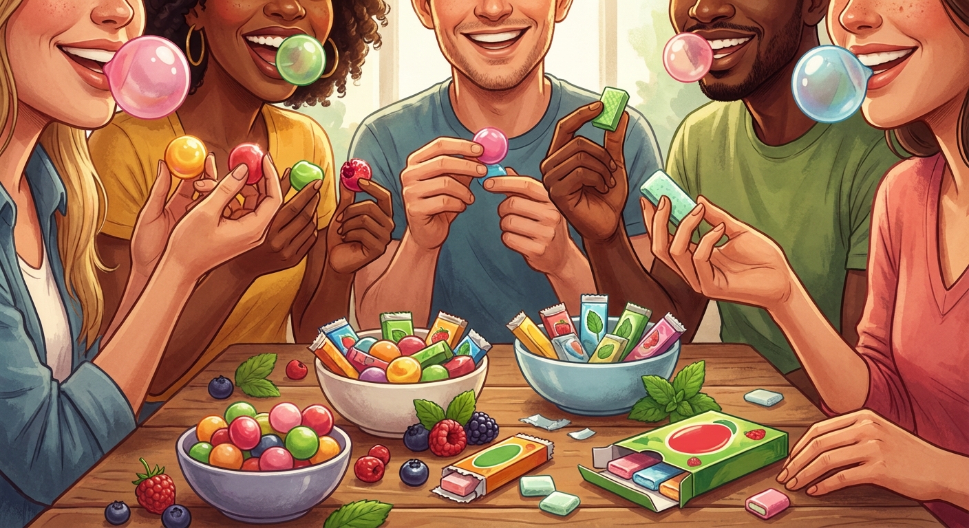 다양한 맛의 껌들을 즐기는 장면