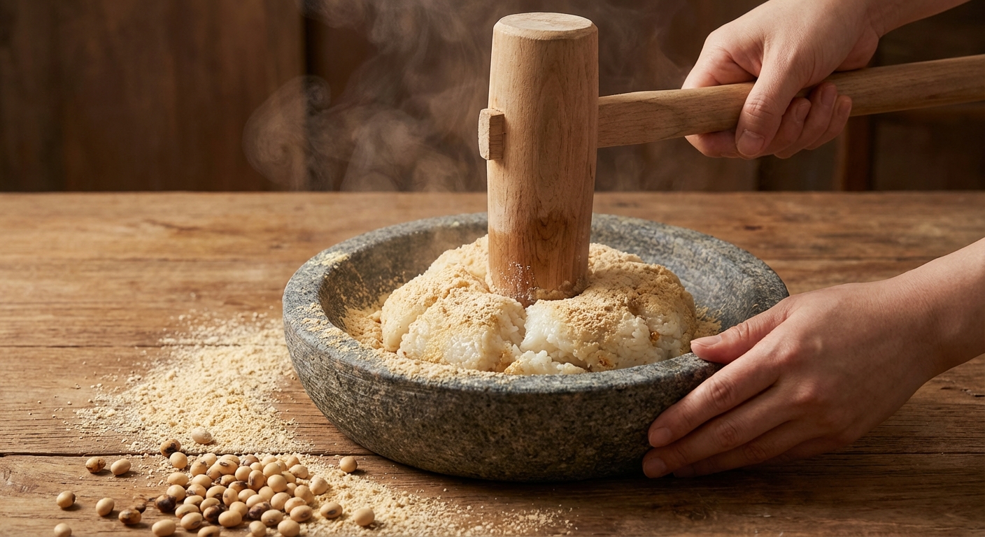 절구에 인절미를 치는 모습